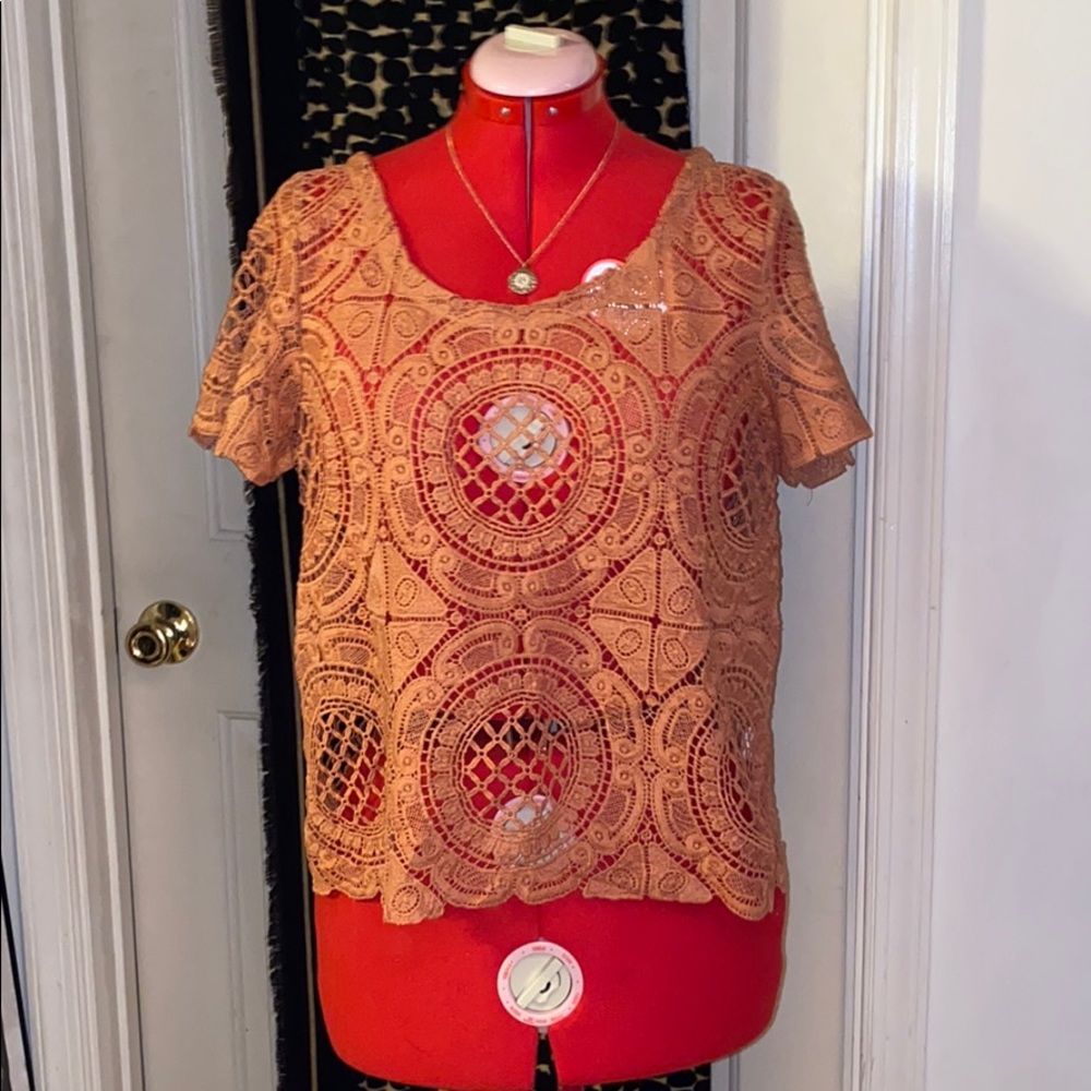 Anthropologie Blue Tassel Lace Medallion Blouse